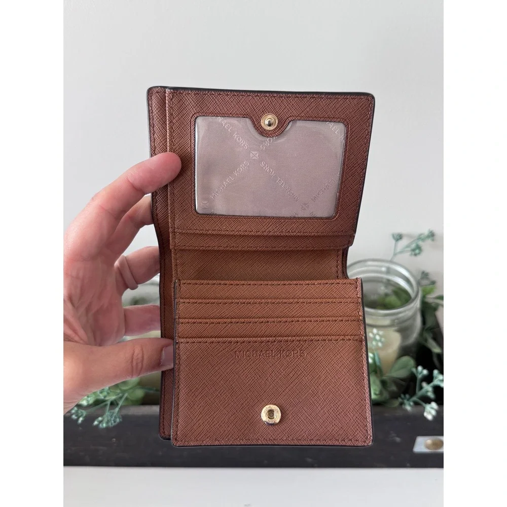 Michael Kors Bifold Wallet Brown Signature Logo Gold Hardware ID Window Pocket